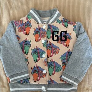 Colorful Horse Print Jacket with Gray Sleeves